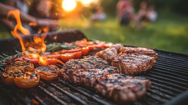 Steaks, sausages, and vegetables sizzling on an outdoor barbecue at sunset