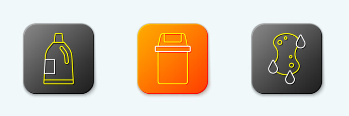 Set line Bottle for cleaning agent, Trash can and Sponge icon. Vector