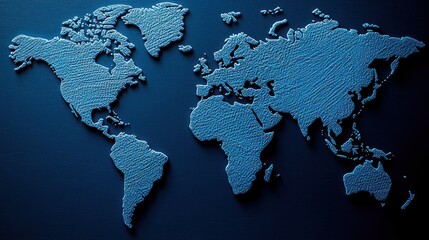 Textured blue world map relief on a dark background, showing all continents