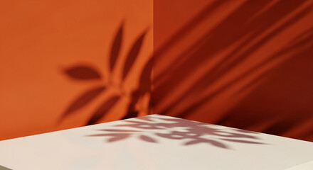 White platform against burnt orange wall, featuring leaf shadow, creating a minimalist product showcase or mockup scene ideal for branding or advertisement