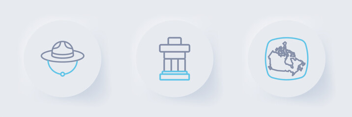 Set line Canada map, Inukshuk and Canadian ranger hat icon. Vector
