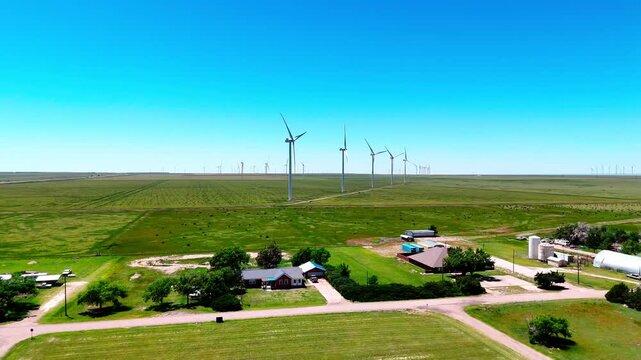 Aerial landscape of desert windmills in rural historic US route 66 Vega Texas Oldham County TX