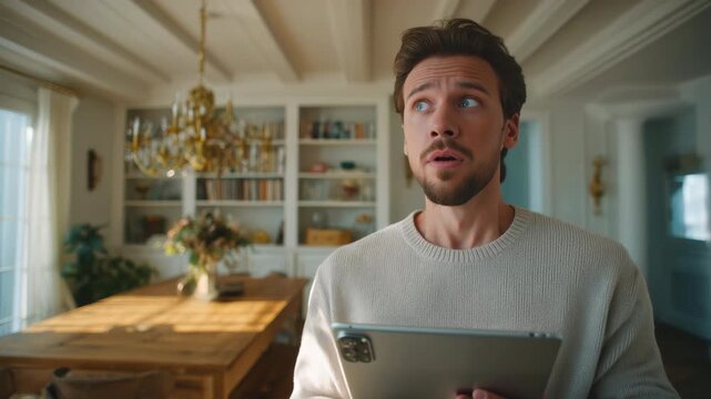 Young surprised man using a digital tablet for work or entertainment, standing inside a beautifully designed living room with a look of astonishment and wonder at the new information he discovers