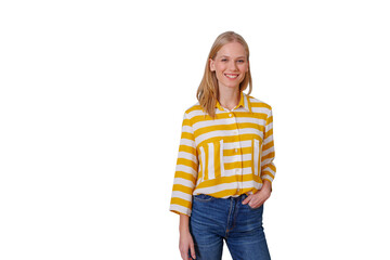 Happy young blonde woman smiling and standing, wearing a yellow striped shirt and jeans, transparent background