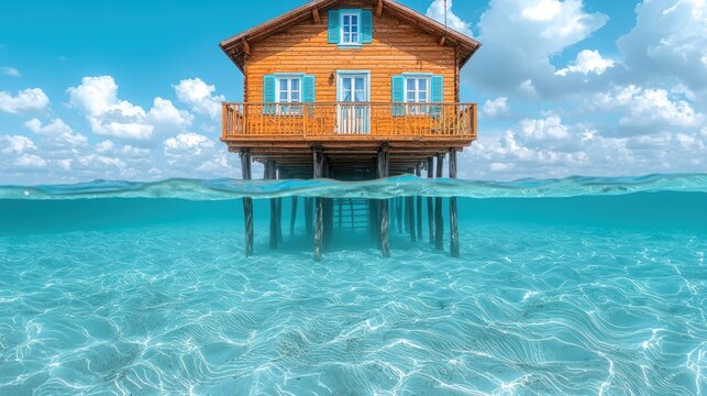 Tropical wooden stilt house over pristine turquoise water with clear blue sky