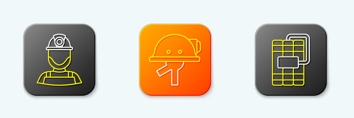 Set line Miner in a helmet, and Dynamite icon. Vector