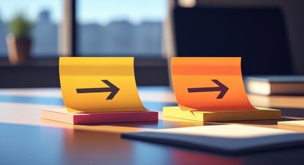 Two vibrant sticky notes with black arrows stand on a sunlit office desk, indicating progress