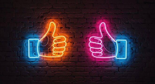 Two glowing neon thumbs-up signs in contrasting colors on a dark brick wall
