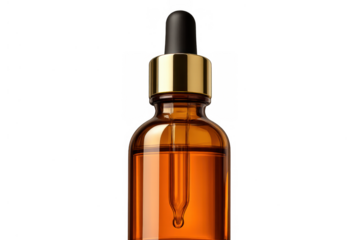 Amber glass dropper bottle containing essential oil or cosmetic serum, ideal for skincare, beauty, and health products on transparent background