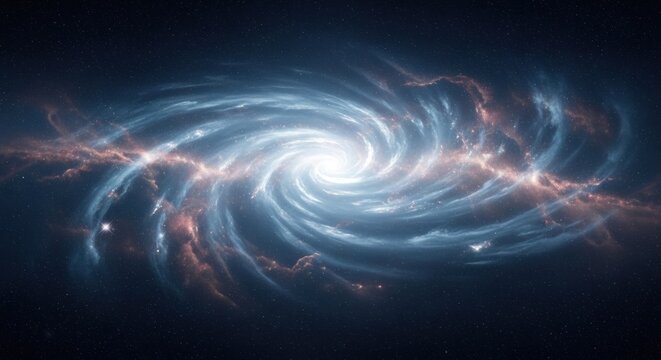 Vibrant blue and orange spiral galaxy with a bright core, surrounded by dark starry space - Powered by Adobe