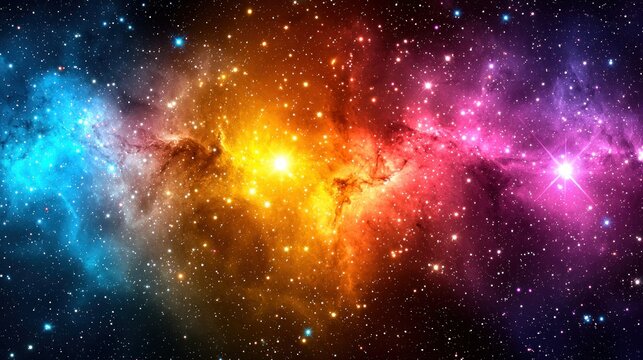 Vibrant cosmic nebula with glowing stars and swirling multicolored gas clouds in deep space