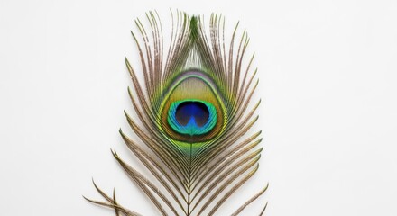 Obraz premium Vibrant iridescent peacock feather with a blue-green eye, isolated on a clean white background