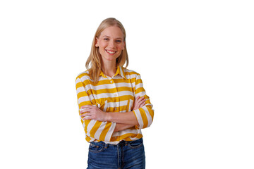 Young smiling woman standing with folded arms, expressing confidence and success, happy girl posing in yellow striped shirt, transparent background