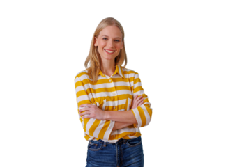 Young smiling woman standing with folded arms, expressing confidence and success, happy girl posing in yellow striped shirt, transparent background
