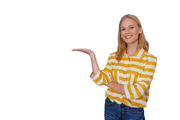 Blonde woman presenting something with open hand gesture, smiling confidently, providing copy space on transparent background