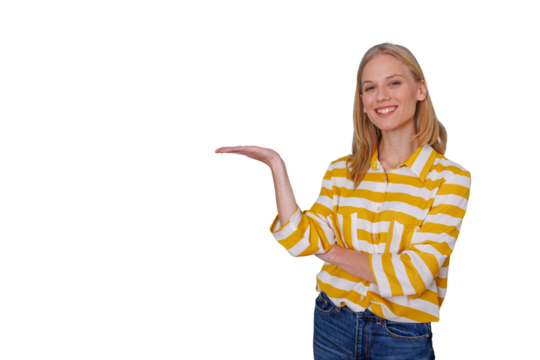 Blonde woman presenting something with open hand gesture, smiling confidently, providing copy space on transparent background - Powered by Adobe