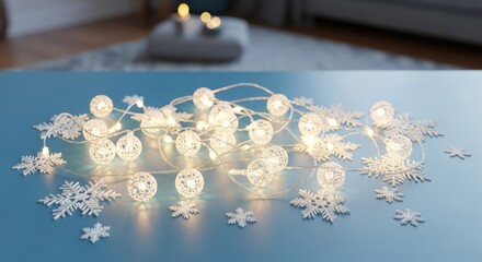 Warm glowing string lights and white snowflakes adorn a blue table in a cozy room