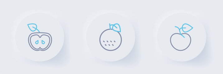 Set line Peach fruit or nectarine, Orange and Apple icon. Vector