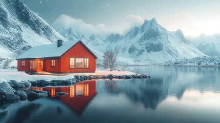 Fototapeta premium Warm red house by a still, reflective lake, framed by dramatic snowy mountains