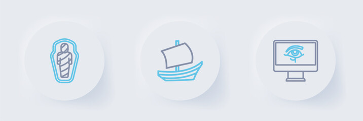 Set line Eye of Horus on monitor, Egyptian ship and mummy in sarcophagus icon. Vector