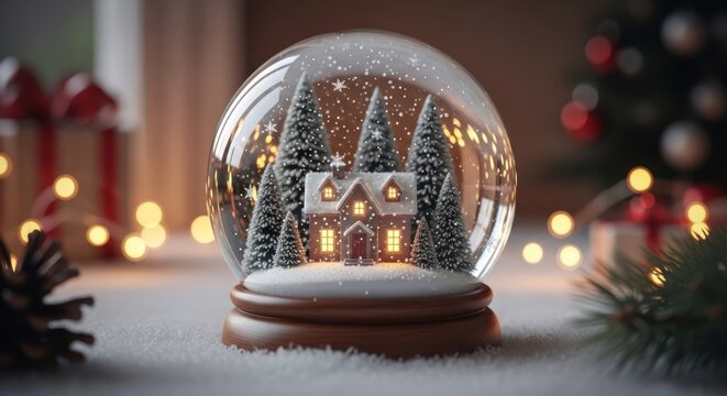 Warmly lit house in a snow globe with pine trees, festive holiday lights and decor