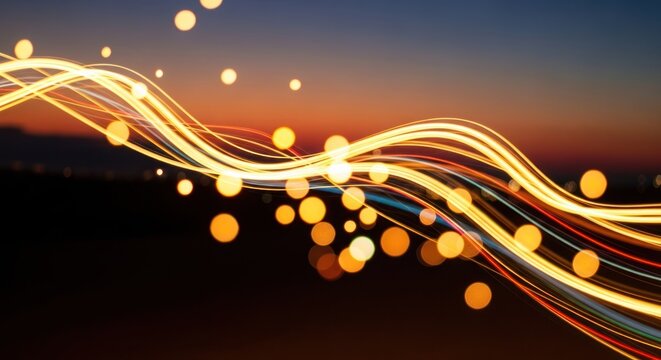 Wavy light streaks and bokeh spheres illuminate a dark to orange gradient background