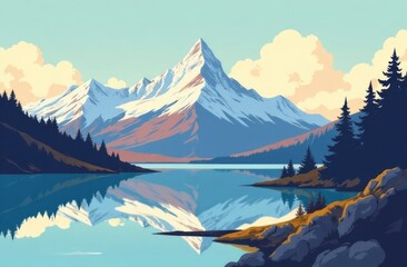 Illustration of a mountain, river, and forest. Screensaver, drawing