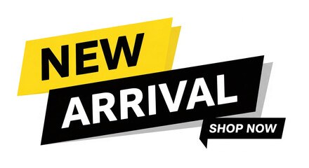 Yellow and black banner announcing "New Arrival" with "Shop Now" call to action, ideal for online stores or sales promotions, showcasing new products or collections