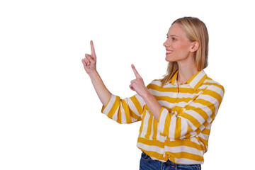 Blonde woman in striped shirt smiling, pointing up and showing with both hands, promoting a product or service