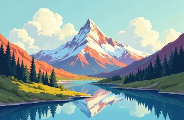 Illustration of a mountain, river, and forest. Screensaver, drawing
