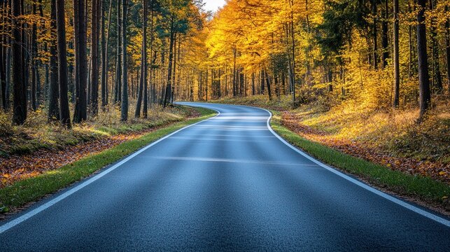 Winding asphalt path through a vibrant autumn woodland, sunlight dapples golden leaves