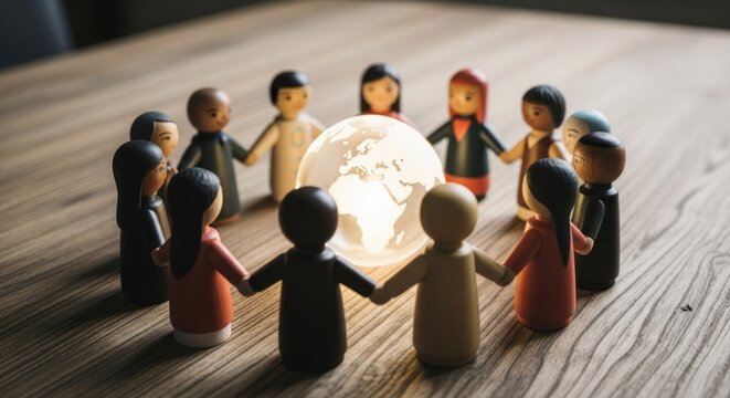 Wooden figures of diverse people holding hands in a circle around a glowing world
