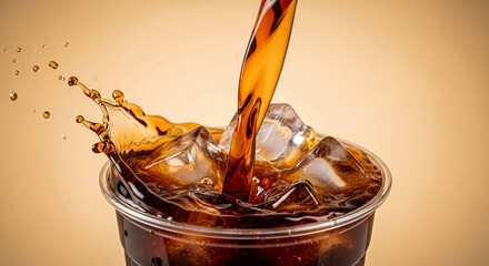 Dark liquid pouring into iced drink, creating splash effect.  Illustrates refreshment, energy, and cold beverage concept
