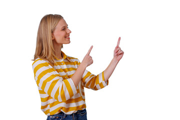Happy young woman pointing with both index fingers up and to the side, presenting or indicating something on transparent background