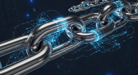 Strong metallic chain enhanced with blue digital overlay, symbolizing security, strength, technological connection, and modern cyber-protection concepts.
