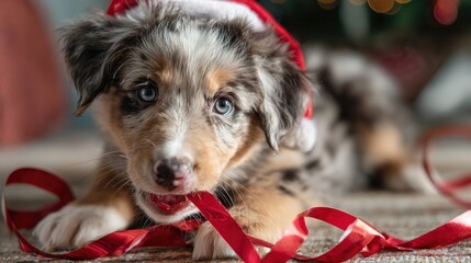 Adorable puppy in Santa hat chewing on red ribbon, a heartwarming holiday scene for Christmas promotions and cheerful seasonal campaigns