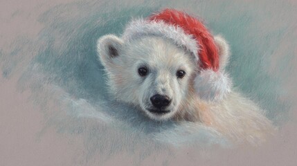 Adorable polar bear cub wearing Santa hat brings holiday cheer for Christmas cards and festive promotions - a charming winter season design element
