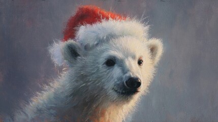 Adorable polar bear cub wearing a festive Santa hat ready for Christmas celebrations, painted in soft, dreamy hues that evoke holiday cheer