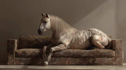 Unique dapple grey horse lounging elegantly on a stylish sofa in soft light, adding a touch of whimsical charm to a modern interior space