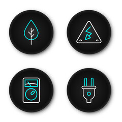 Set line Electric plug, Ampere meter, multimeter, High voltage and Leaf Eco symbol icon. Vector