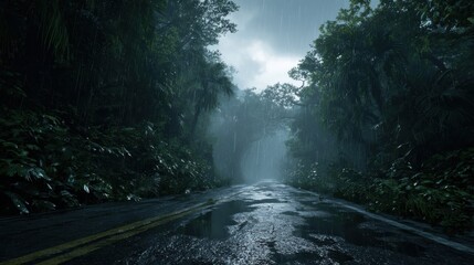 Eerie rain falling on a dark, empty road through a lush jungle, perfect for mystery novels and suspenseful thrillers, a moody, atmospheric escape