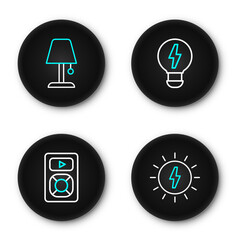 Set line Solar energy panel, Music player, Creative lamp light idea and Table icon. Vector