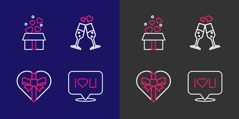 Set line Speech bubble text I love you, Candy in heart shaped box, Glass of champagne and Gift with hearts icon. Vector