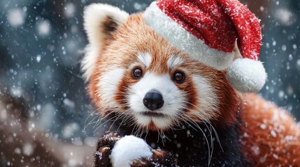 Festive red panda wearing Santa hat enjoys snowy Christmas season, a heartwarming holiday scene perfect for seasonal greetings and cheerful winter promotions