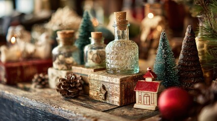 Charming vintage Christmas decorations featuring miniature trees and glass bottles for a cozy and nostalgic holiday mood