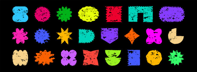 Crayon shape sticker, paint brush element, geometric funky icon grunge texture on background. Color chalk y2k collage, retro kid scribble set on blackboard. Bright sketch figure. Vector illustration