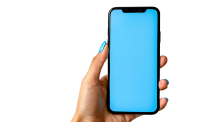Female hand with elegant nails holding smartphone with blue screen on transparent  background