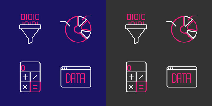 Set line Data analysis, Calculator, Pie chart infographic and Binary code icon. Vector