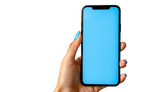 Female hand with elegant nails holding smartphone with blue screen on transparent  background