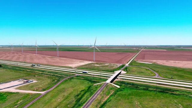 Aerial landscape of desert windmills in rural historic US route 66 Vega Texas Oldham County TX